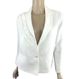 CAS New Size S White Linen Jacket Blazer 3/4 Sleeve Ruffled One Button MSRP $562